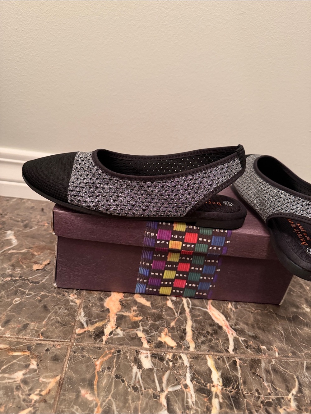 bernie mev. Black and Gray Knit Slingback Flats